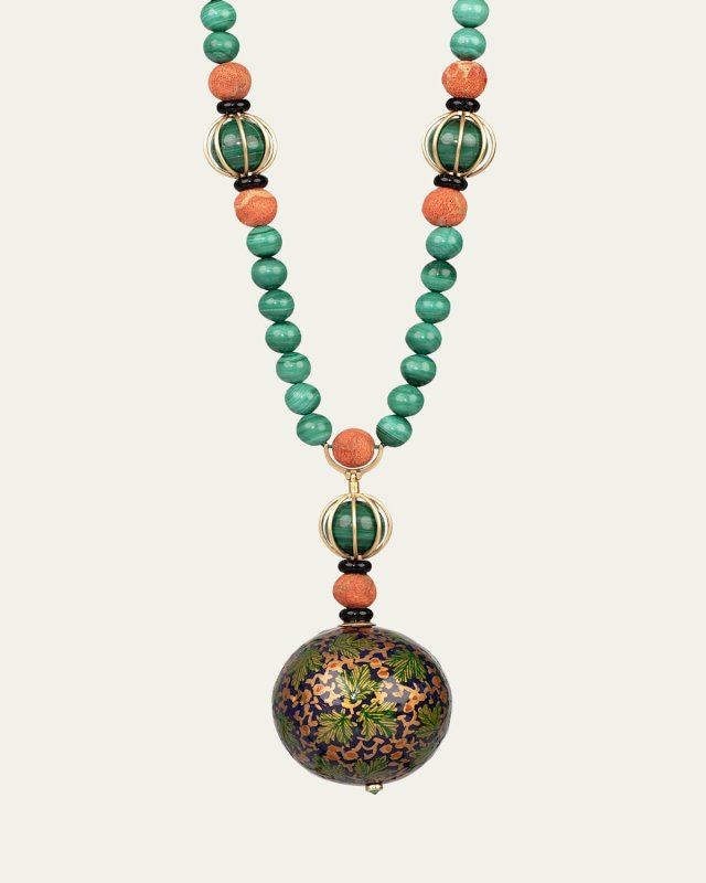 Papier Mache Pendant Necklace with Coral and Tsavorite